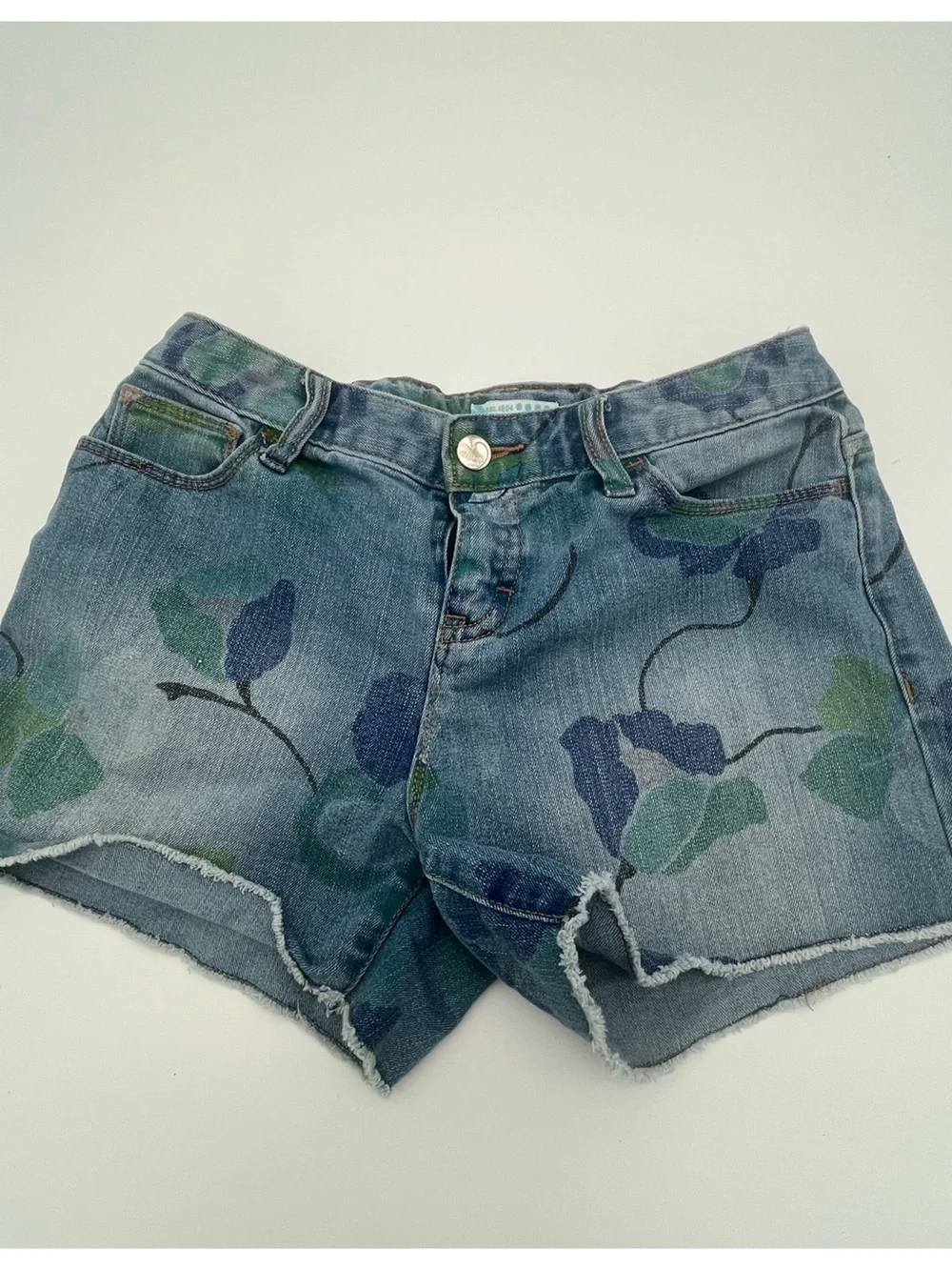 Old Navy Light Blue Denim Shorts w/ green floral design girls 14 adjustable